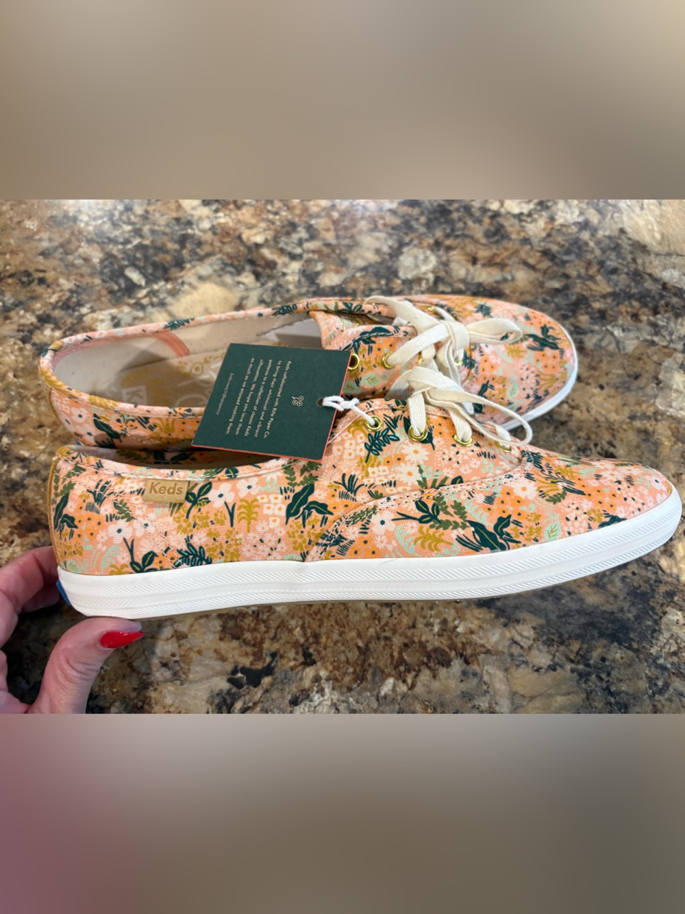 Keds Peach Floral Canvas Sneakers with Green Accents - Picture 2 of 6